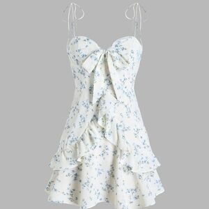 NWT Cider White Blue Floral Ruffle Front Tie Strap Mini Dress Keyhole Sleevless